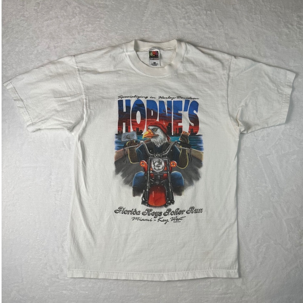 Vintage 1997 Florida Keys Poker Run T-Shirt Horne's Harley Eagle White Medium